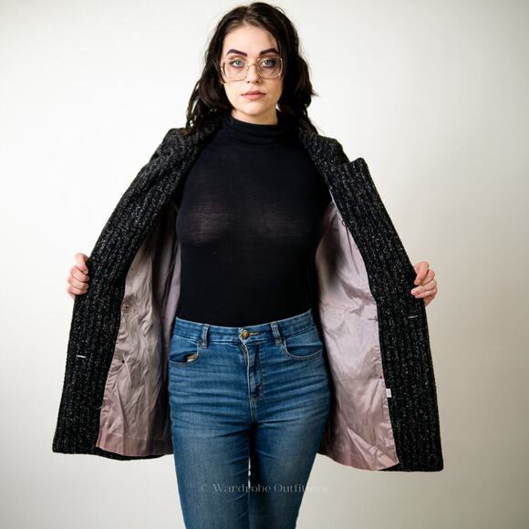 Vintage Custom Tailored Tweed Black Peacoat - M - Picture 3 of 12